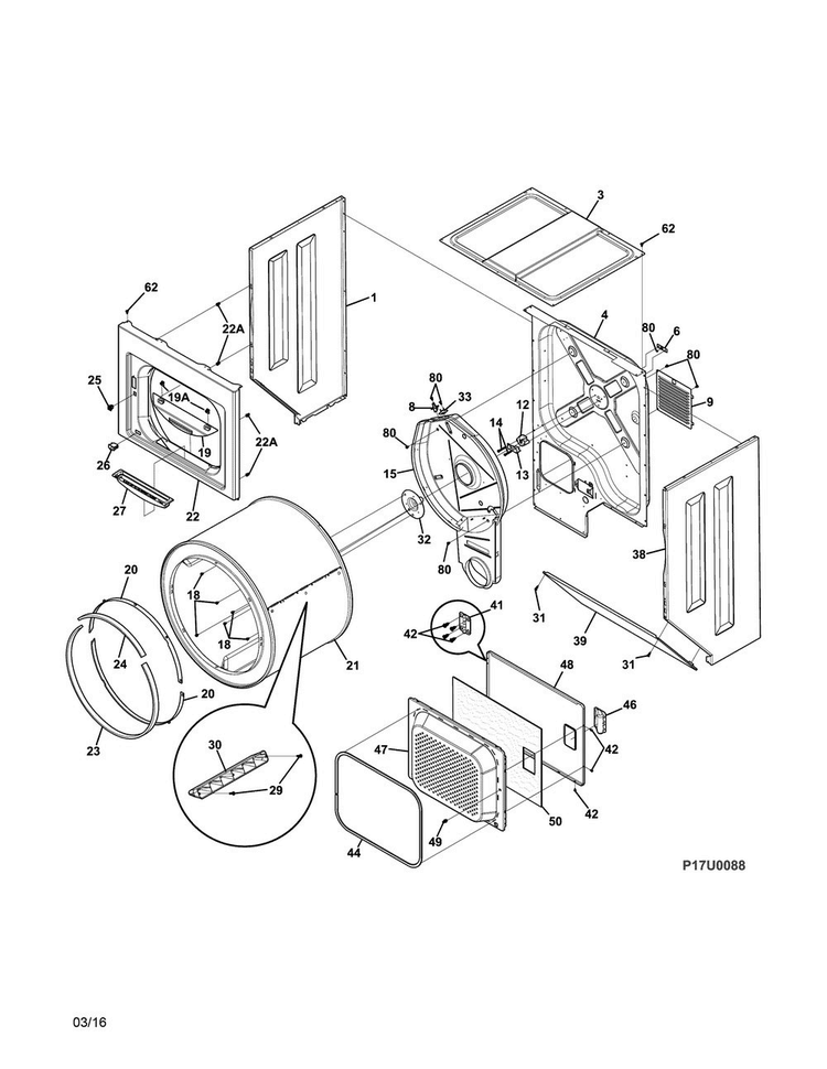 Upper Cabinet/drum Heater Diagram and Parts List for SFLG4033RT0  Frigidaire Washer Dryer Combo