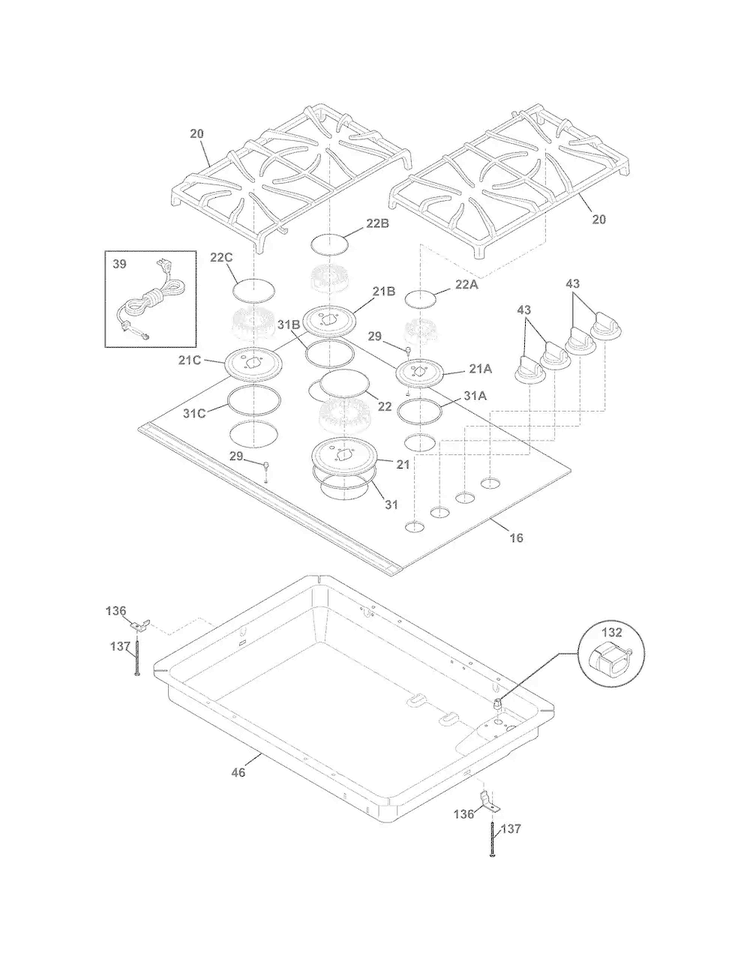 Cook Top Diagram and Parts List for FGGC3065KBC  Frigidaire Cooktop