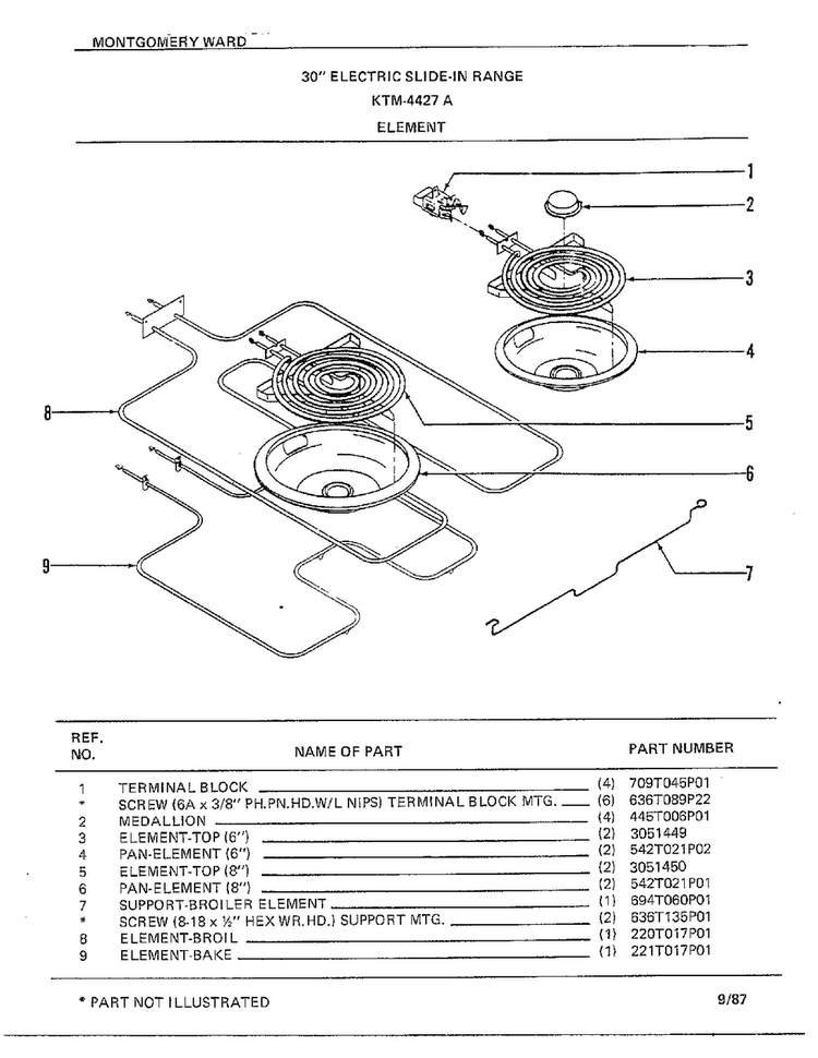 Element Diagram and Parts List for 4427A  Frigidaire Range