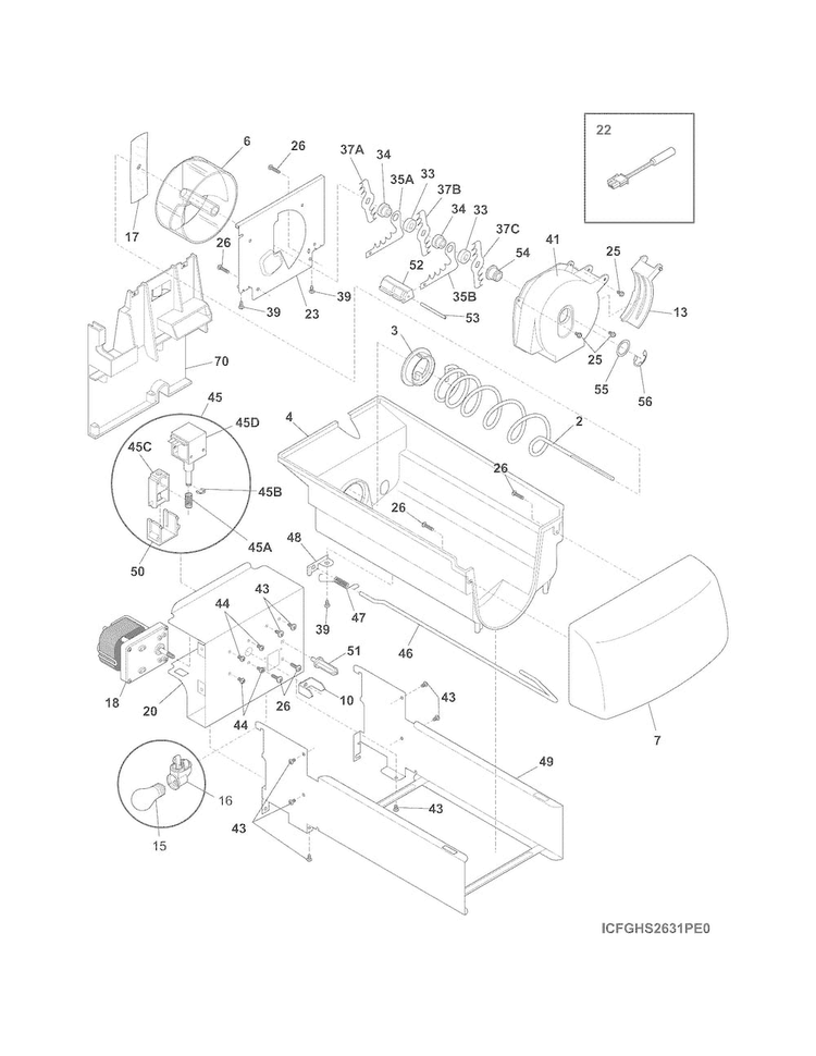 Ice Container Diagram and Parts List for FGHC2331PF4  Frigidaire Refrigerator