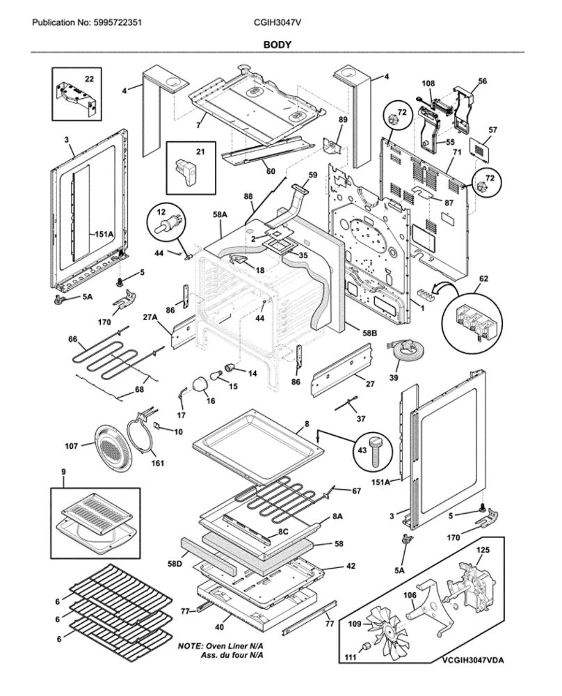 Body Diagram and Parts List for CGIH3047VFB  Frigidaire Range