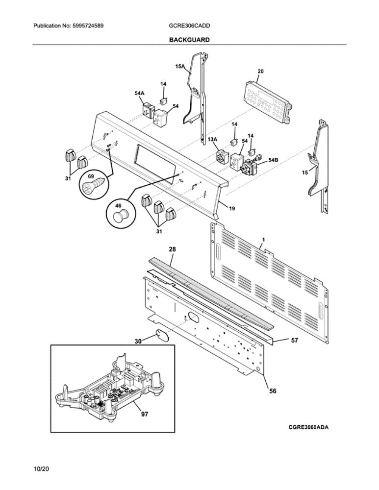 Backguard Diagram and Parts List for GCRE306CADD  Frigidaire Range