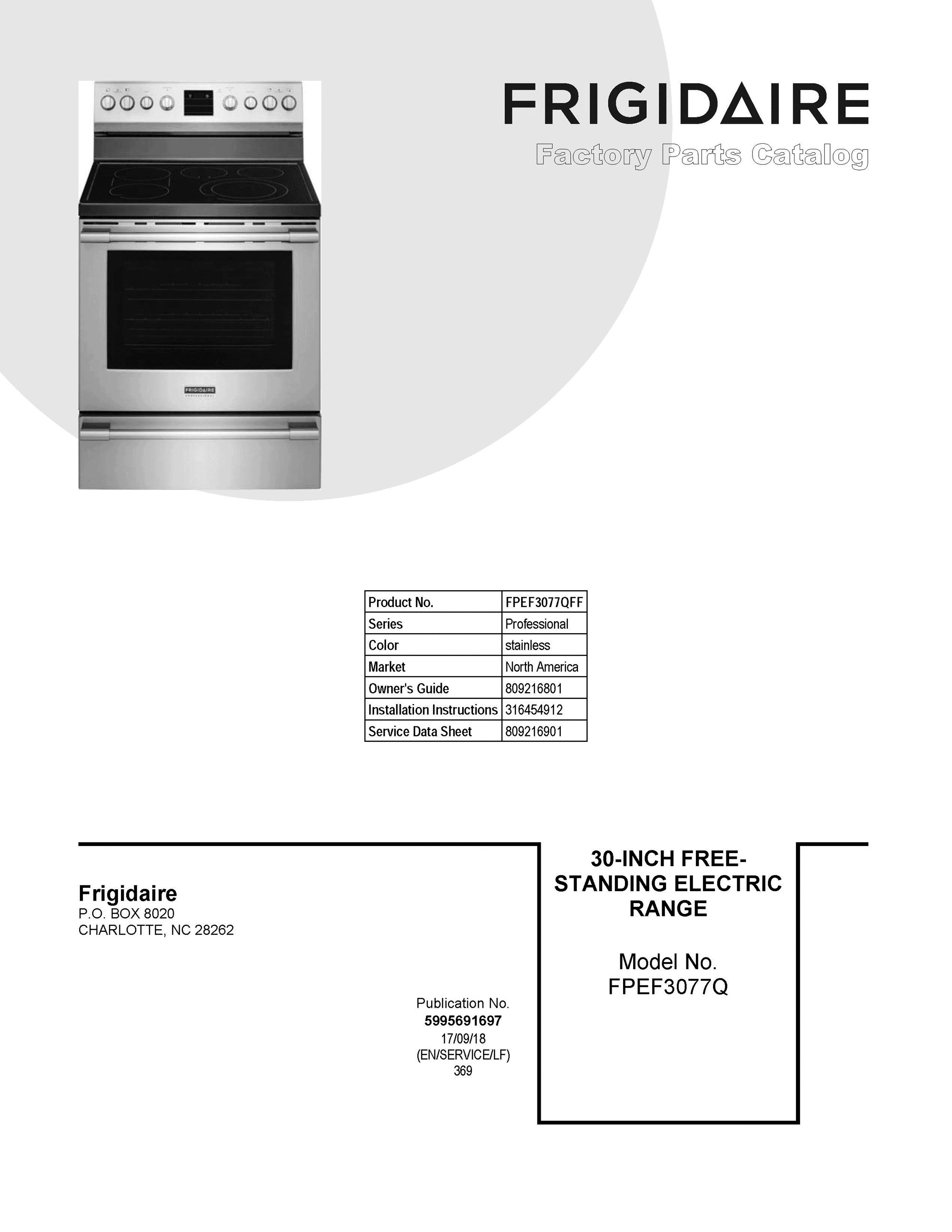 01 - COVER SHEET Diagram and Parts List for FPEF3077QFF  Frigidaire Range