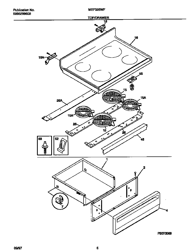 TOP / DRAWER Diagram and Parts List for MEF326WFSA  Frigidaire Range
