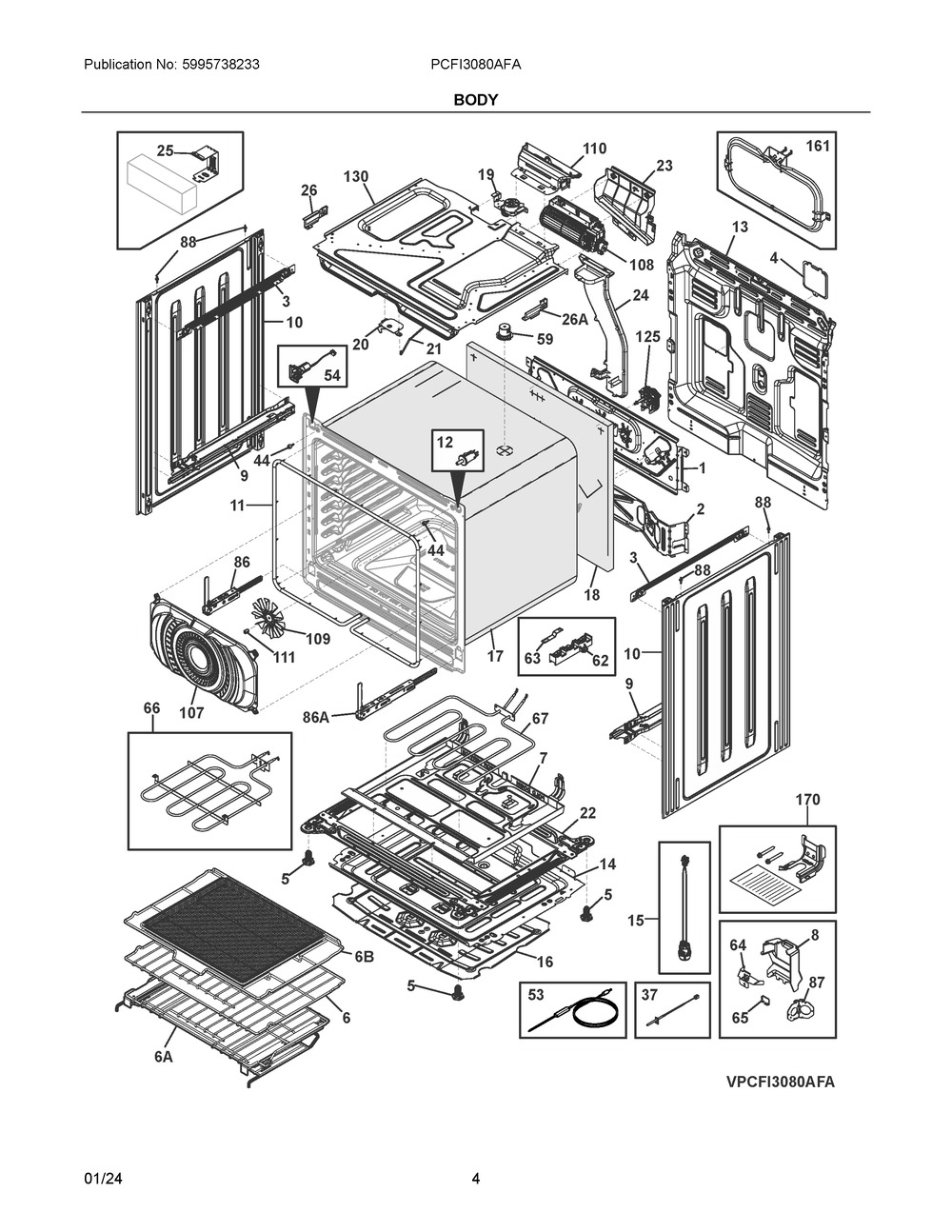 Body Diagram and Parts List for PCFI3080AFA  Frigidaire Range