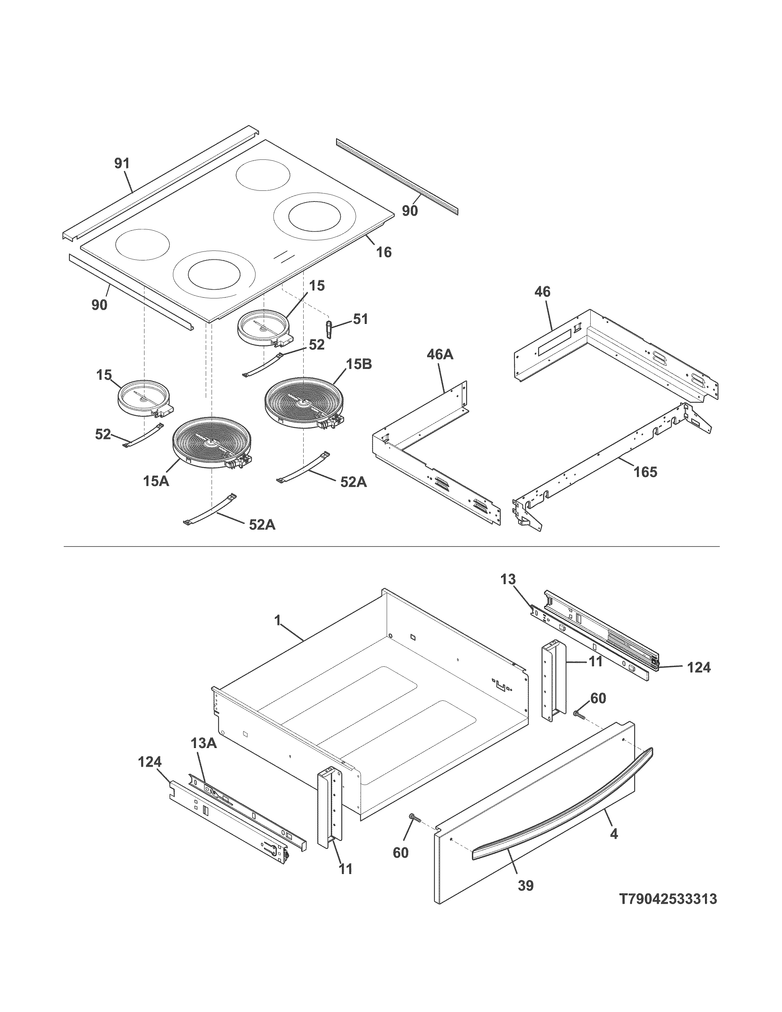 Top/drawer Diagram and Parts List for 79042533315  Kenmore Range