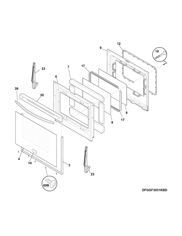 Door Diagram and Parts List for FGGF3030PWA  Frigidaire Range