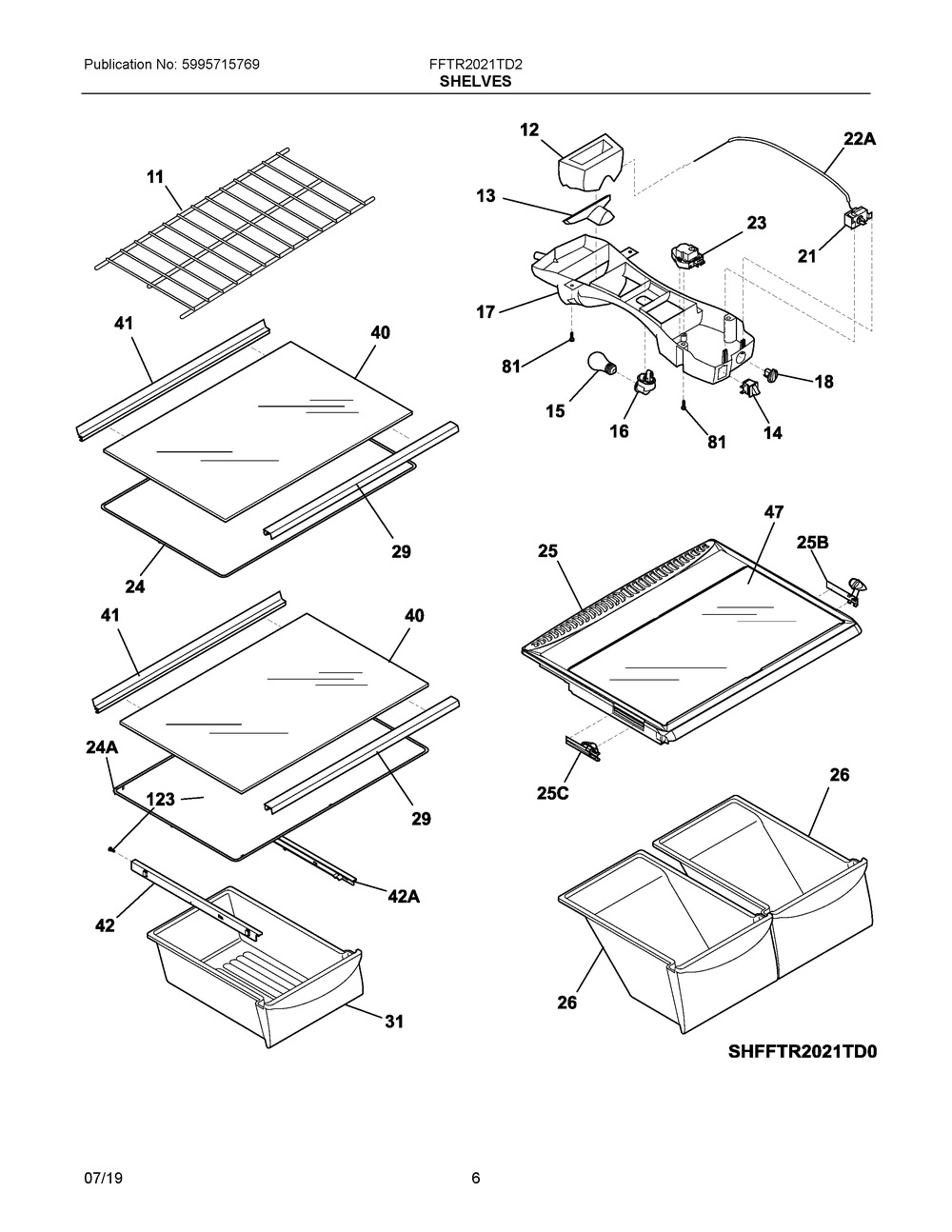 Shelves Diagram and Parts List for FFTR2021TD2  Frigidaire Refrigerator