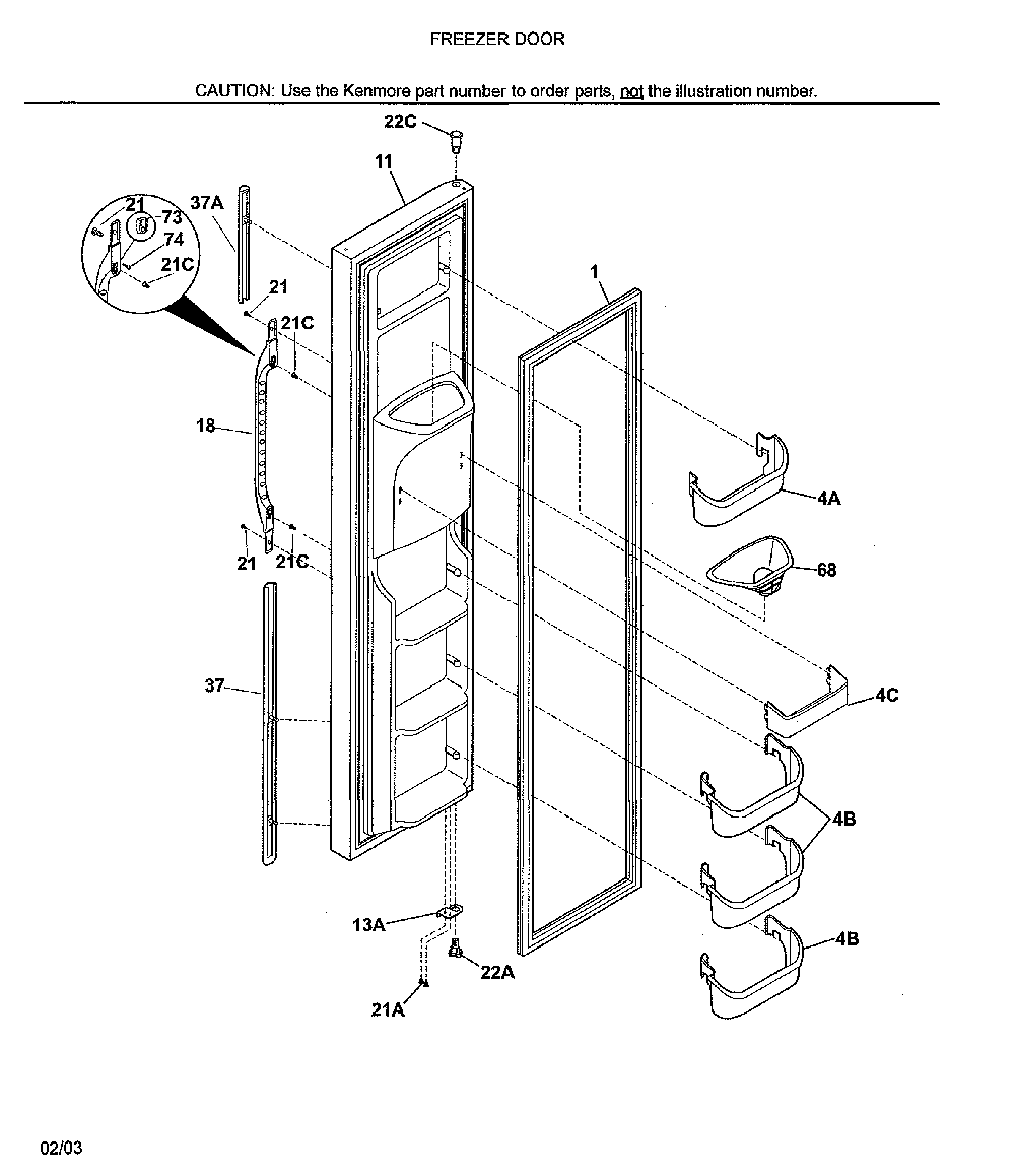 Freezer door Diagram and Parts List for 25353679302  Kenmore Refrigerator