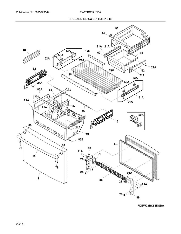 Freezer Drawer, Baskets Diagram and Parts List for EW23BC85KSDA  Electrolux Refrigerator