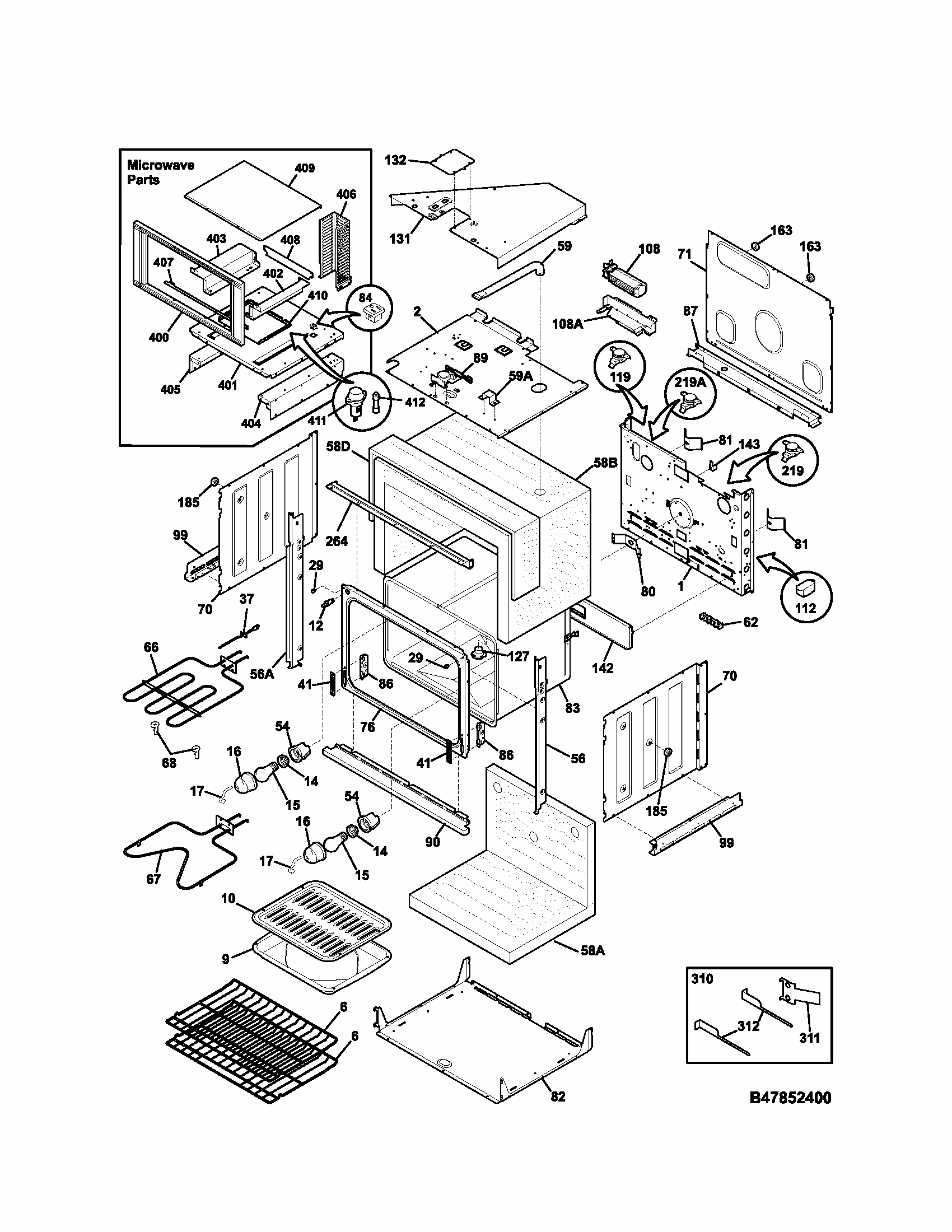 Oven Body Diagram and Parts List for 79047853400  Kenmore Microwave