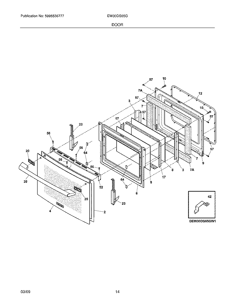 DOOR Diagram and Parts List for EW30DS65GW4  Electrolux Range