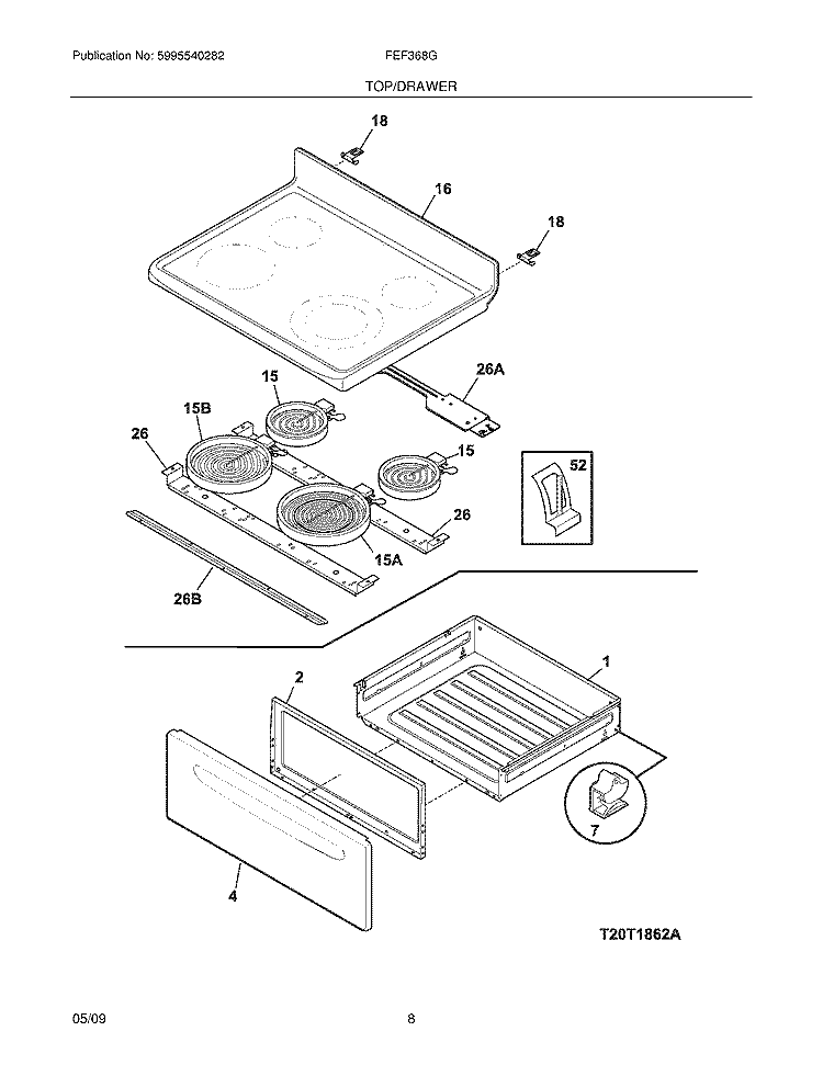 TOP/DRAWER Diagram and Parts List for FEF368GBC  Frigidaire Range
