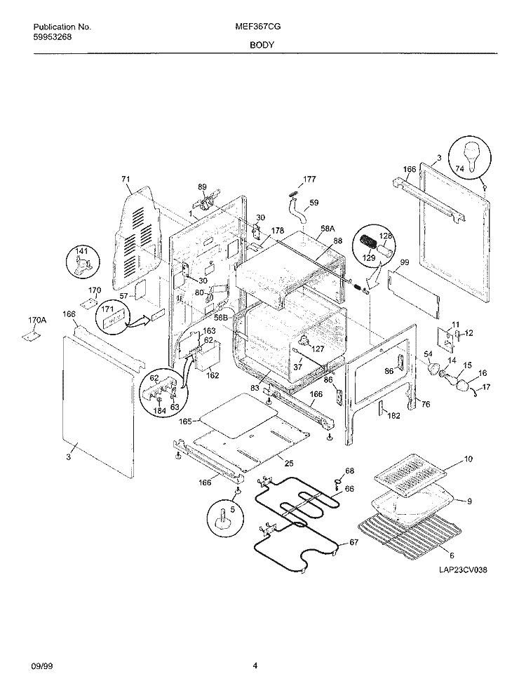 BODY Diagram and Parts List for MEF367CGB3  Frigidaire Wall Oven