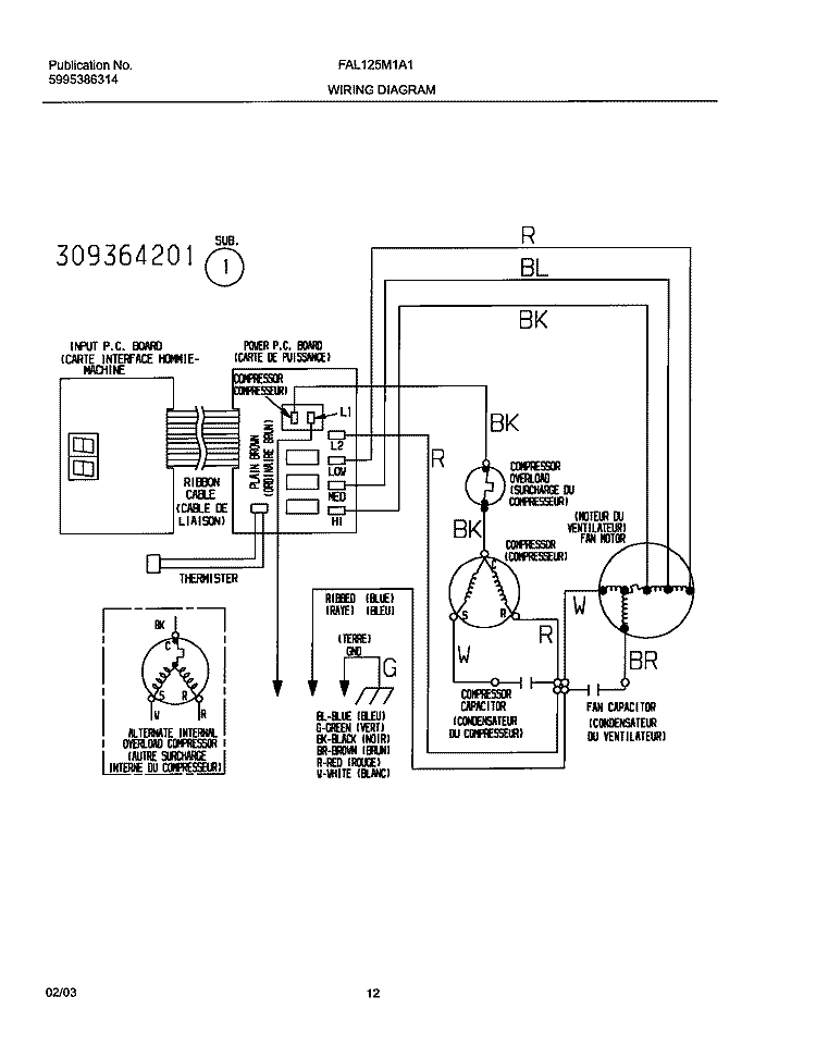 WIRING DIAGRAM Diagram and Parts List for FAL125M1A1  Frigidaire Air Conditioner