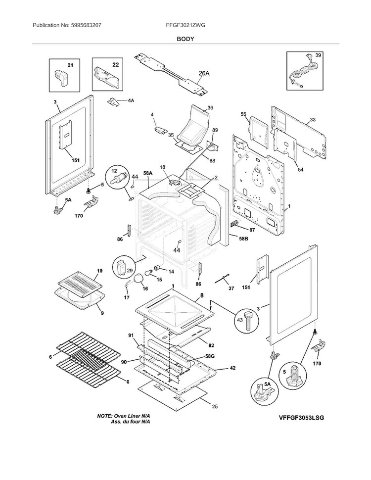 Body Diagram and Parts List for FFGF3021ZWG  Frigidaire Range
