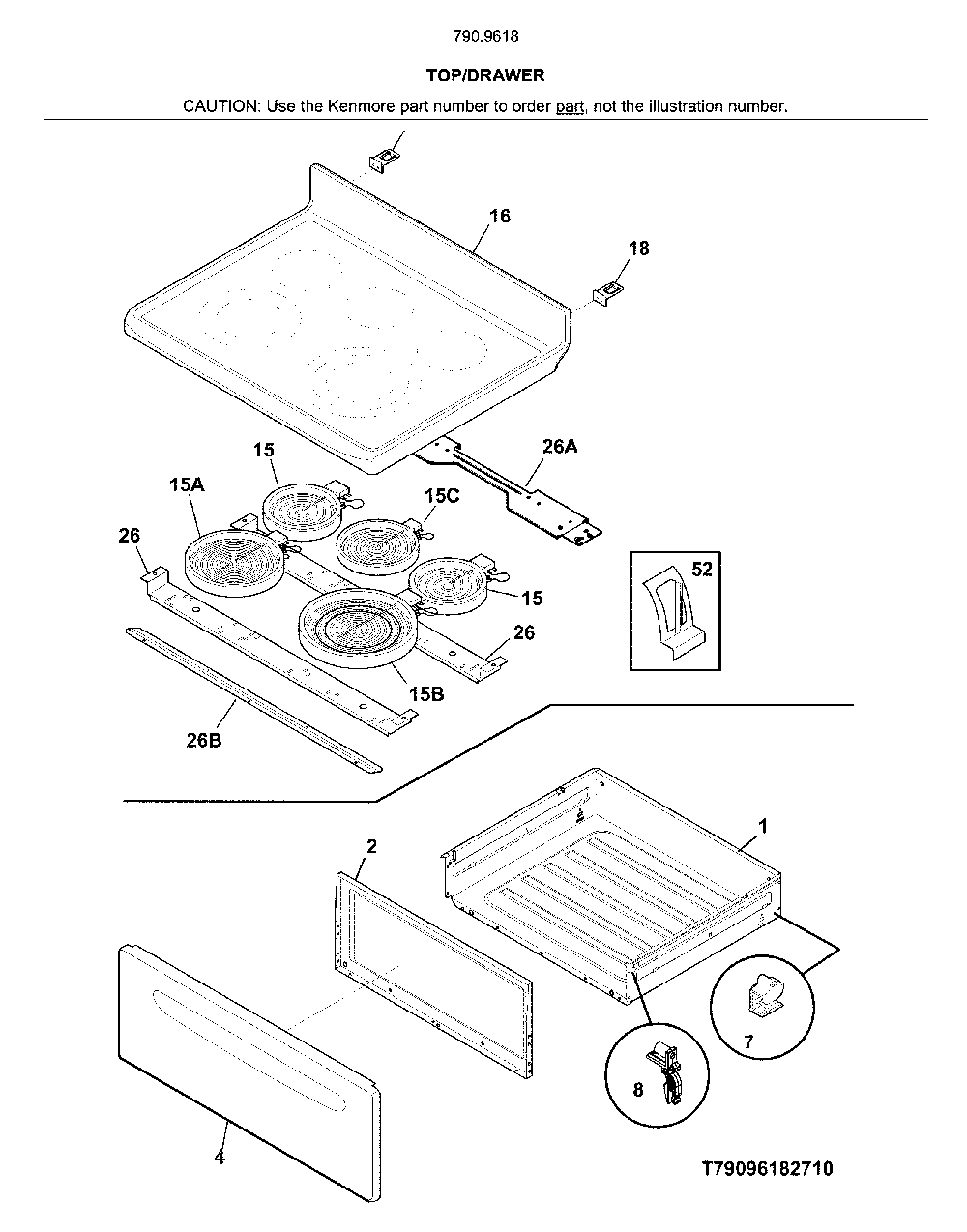 Top/drawer Diagram and Parts List for 79096182713  Kenmore Range