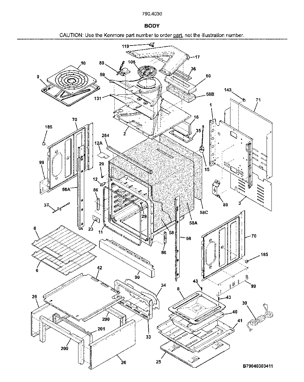 Body Diagram and Parts List for 79040309412  Kenmore Wall Oven