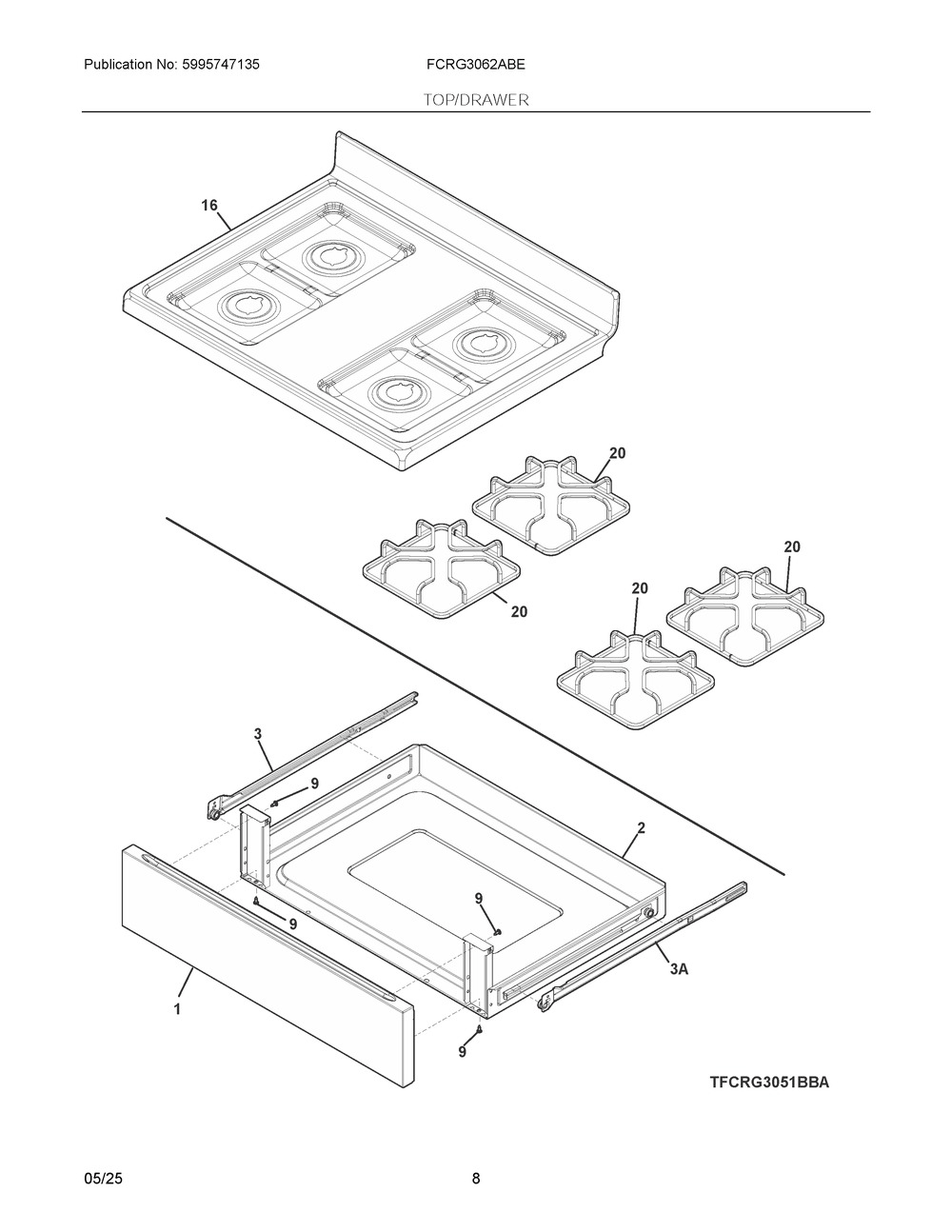 Top/Drawer Diagram and Parts List for FCRG3062ABE  Frigidaire Range