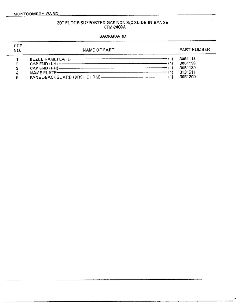 30" Floor/backguard Page 2 Diagram and Parts List for 2409A  Frigidaire Range