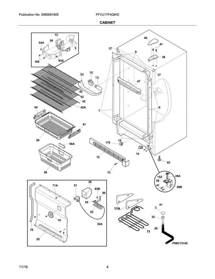 Cabinet Diagram and Parts List for FFVU17F4QWD  Frigidaire Freezer