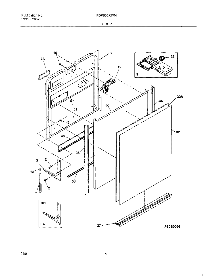 DOOR Diagram and Parts List for FDP635RFR4  Frigidaire Dishwasher