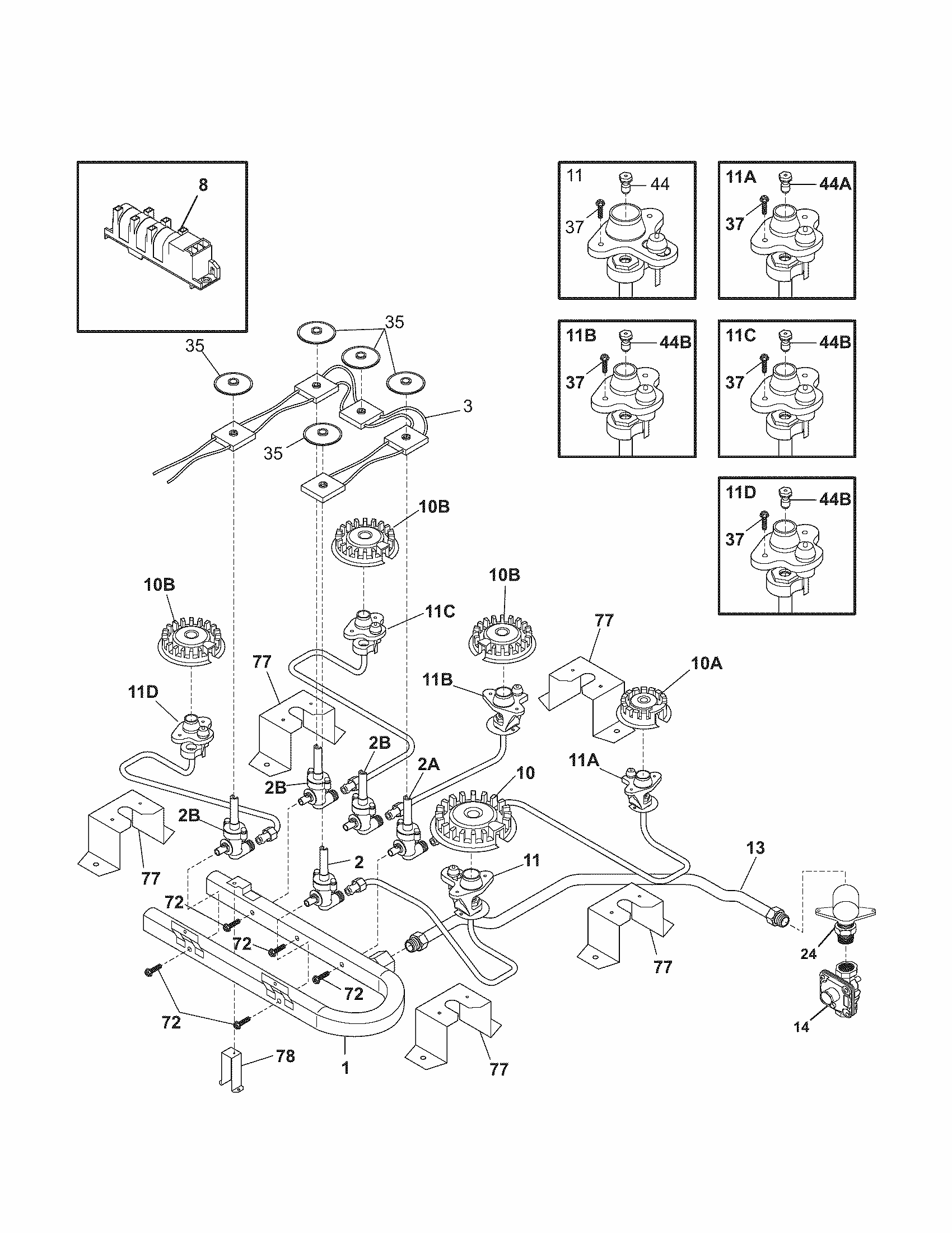 Burner Diagram and Parts List for 79032242401  Kenmore Cooktop