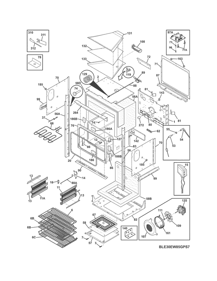 Lower Oven Diagram and Parts List for E30EW8CGPS7  Electrolux Wall Oven