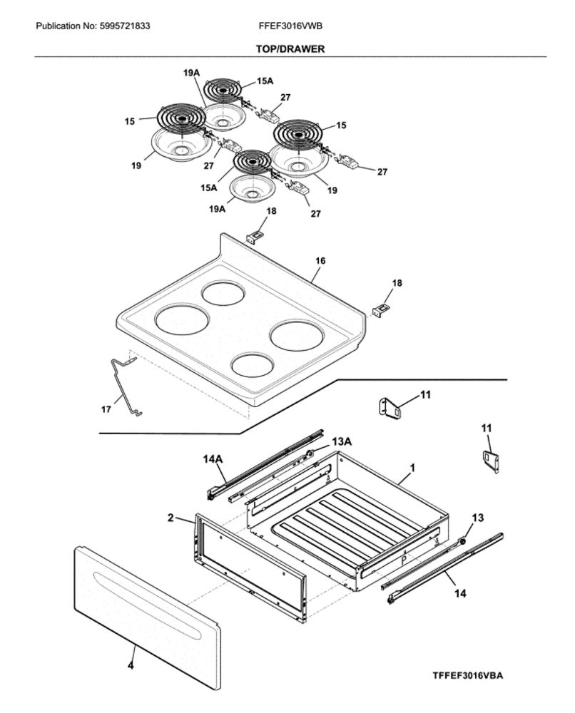 Top/Drawer Diagram and Parts List for FFEF3016VWB  Frigidaire Range