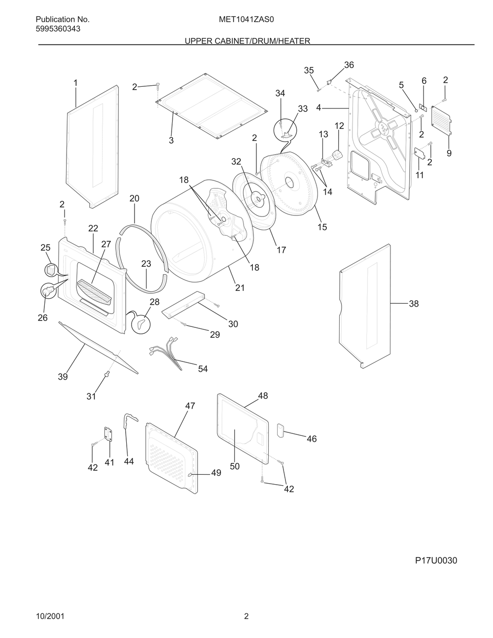 Upper Cabinet/Drum/Heater Diagram and Parts List for MET1041ZAS0  Frigidaire Washer Dryer Combo