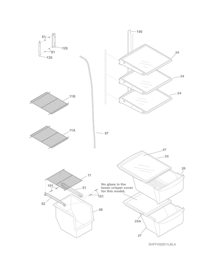 Shelves Diagram and Parts List for FFHS2611LWMA  Frigidaire Refrigerator