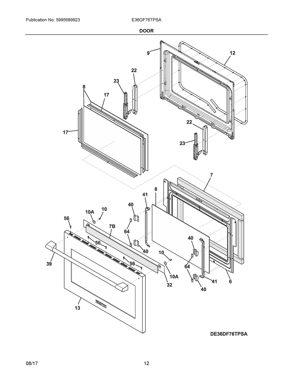 Door Diagram and Parts List for E36GF76TPSA  Frigidaire Range