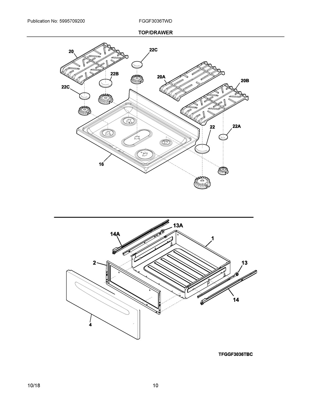 Top/drawer Diagram and Parts List for FGGF3036TWD  Frigidaire Range