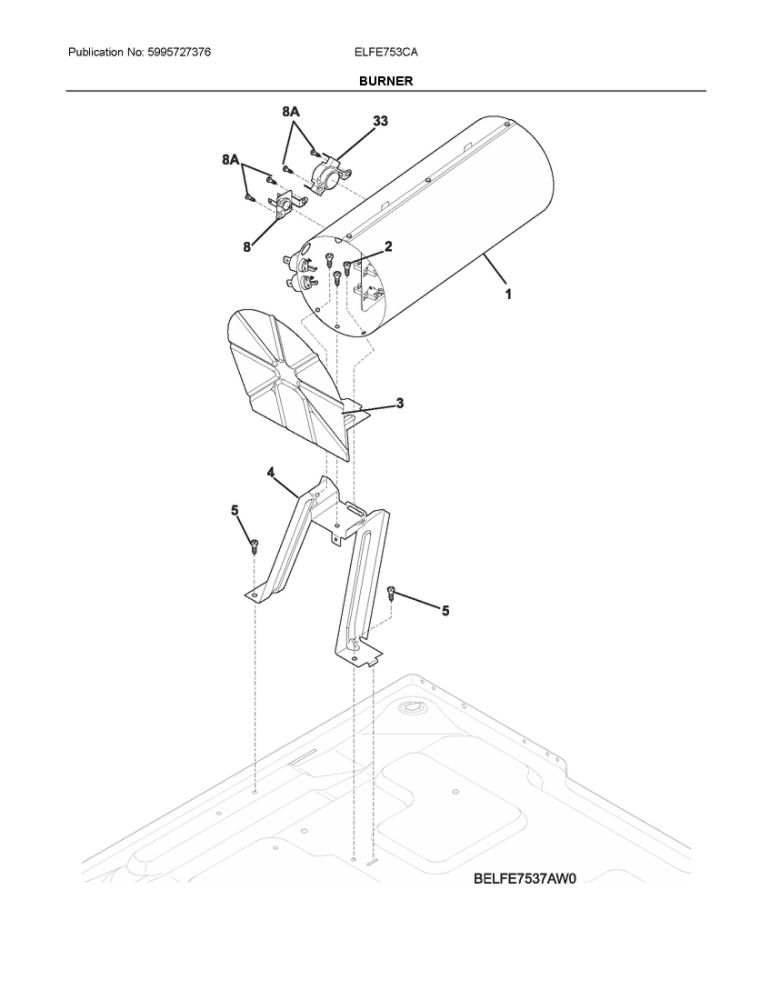 Burner Diagram and Parts List for ELFE753CAW0  Frigidaire Dryer