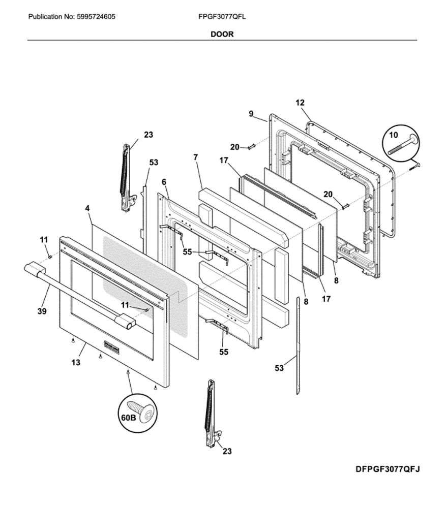 Door Diagram and Parts List for FPGF3077QFL  Frigidaire Range