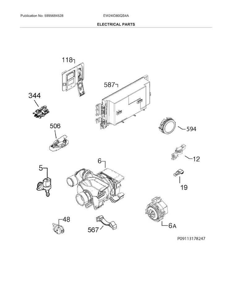 Electrical Parts Diagram and Parts List for EW24ID80QS4A  Electrolux Dishwasher