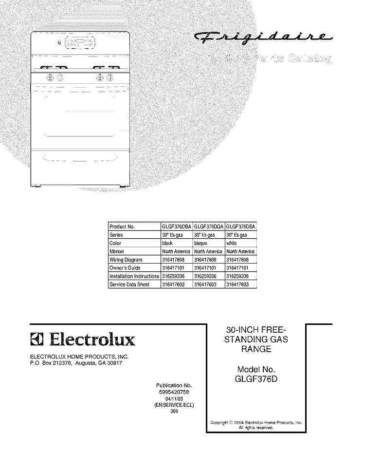 COVER Diagram and Parts List for GLGF376DQA  Frigidaire Range