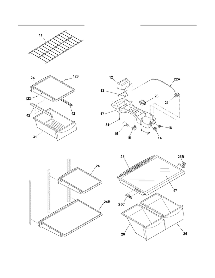 Shelves Diagram and Parts List for FGHT1834KB8  Frigidaire Refrigerator
