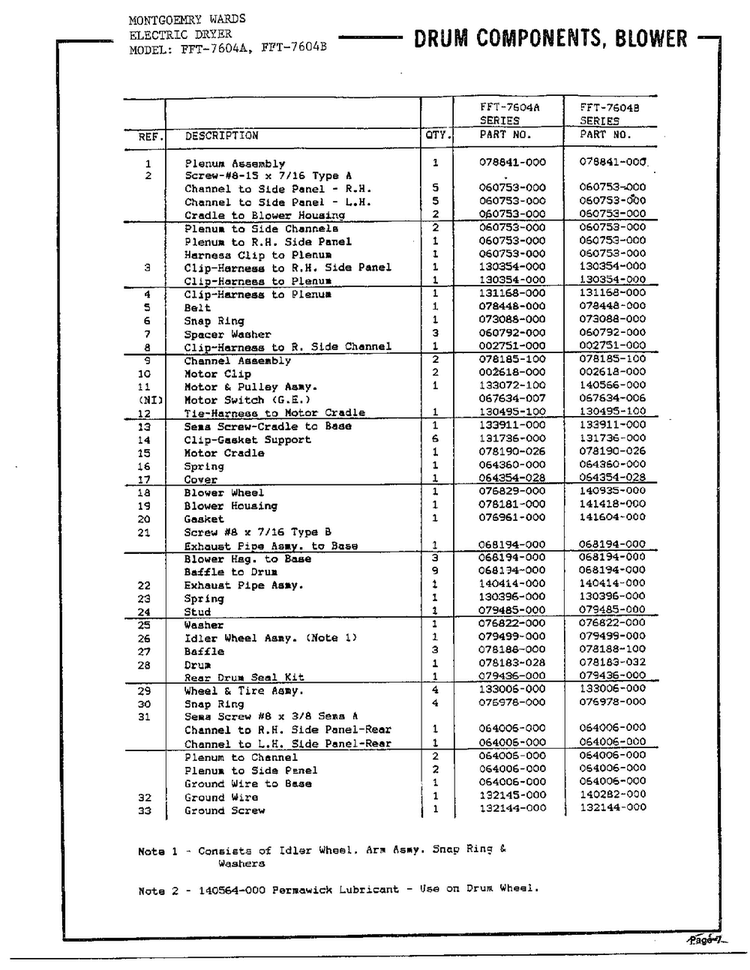 Dryer Drum Components/blower Page 2 Diagram and Parts List for 7604A  Frigidaire Dryer