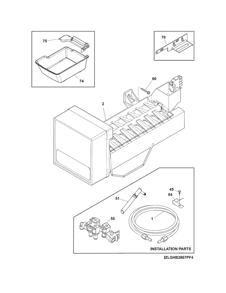 Freezer Ice Maker Diagram and Parts List for LGHB2867PF6A  Frigidaire Refrigerator