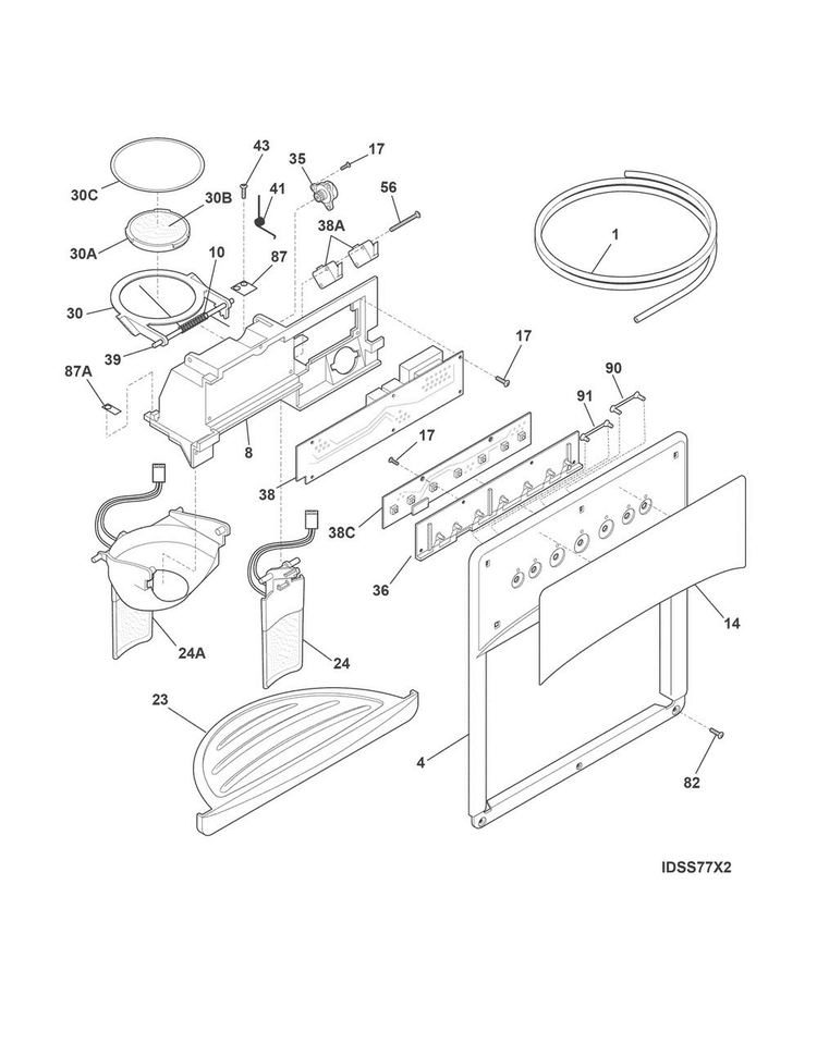 Ice & Water Dispenser Diagram and Parts List for FFSS26D8RS0  Frigidaire Refrigerator