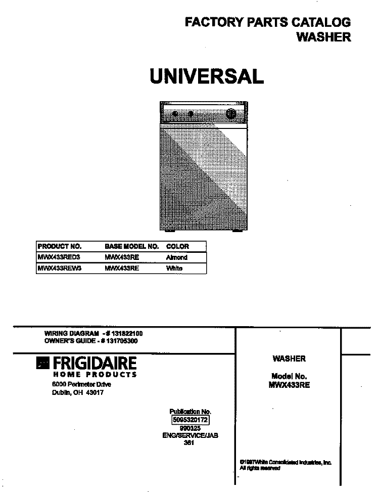 COVER Diagram and Parts List for MWX433RED3  Frigidaire Washer