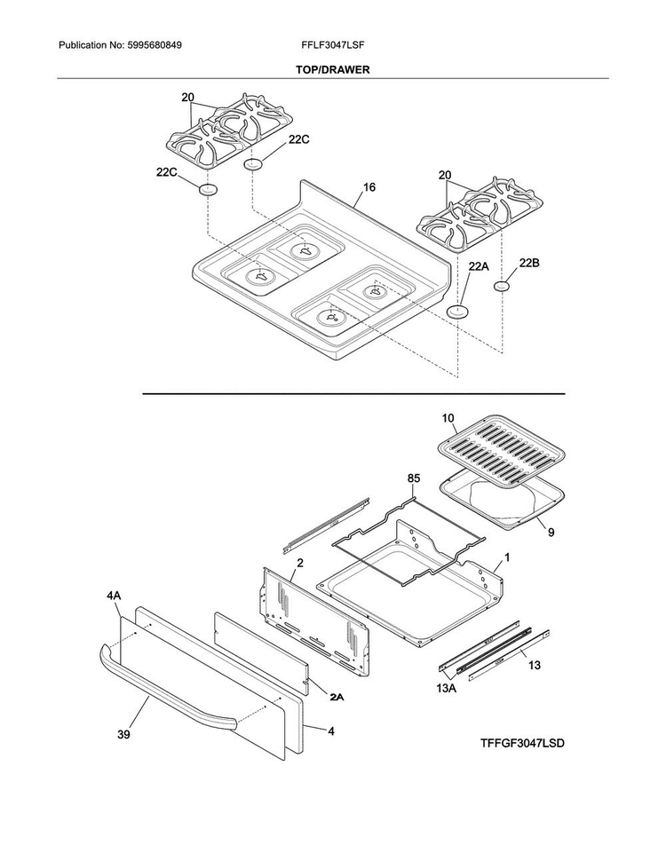 Top/drawer Diagram and Parts List for FFLF3047LSF  Frigidaire Range