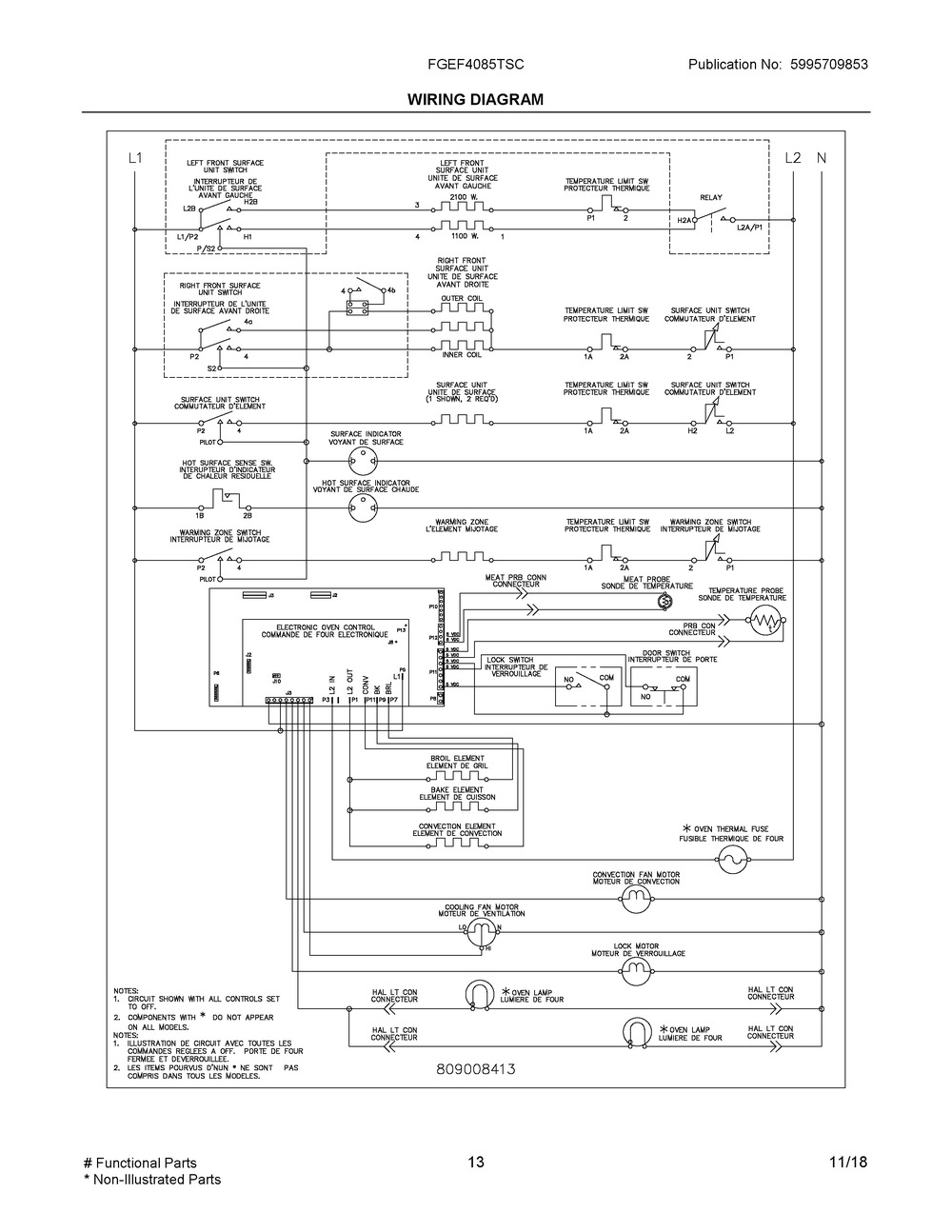 Wiring Diagram Diagram and Parts List for FGEF4085TSC  Frigidaire Range
