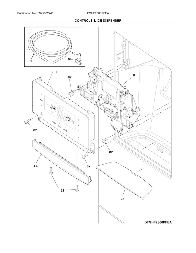 Controls & Ice Dispenser Diagram and Parts List for FGHF2366PFEA  Frigidaire Refrigerator