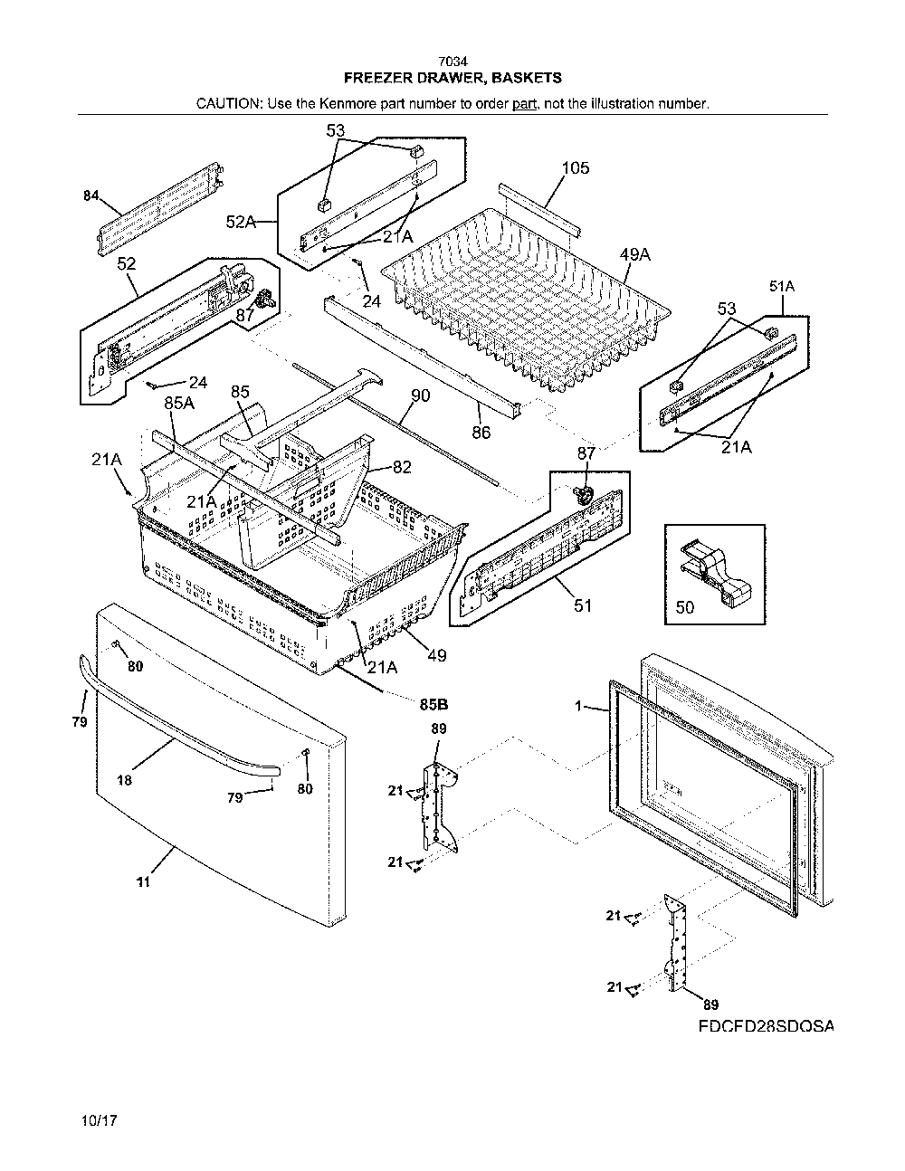 Freezer drawer, baskets Diagram and Parts List for 2537034241F  Kenmore Refrigerator