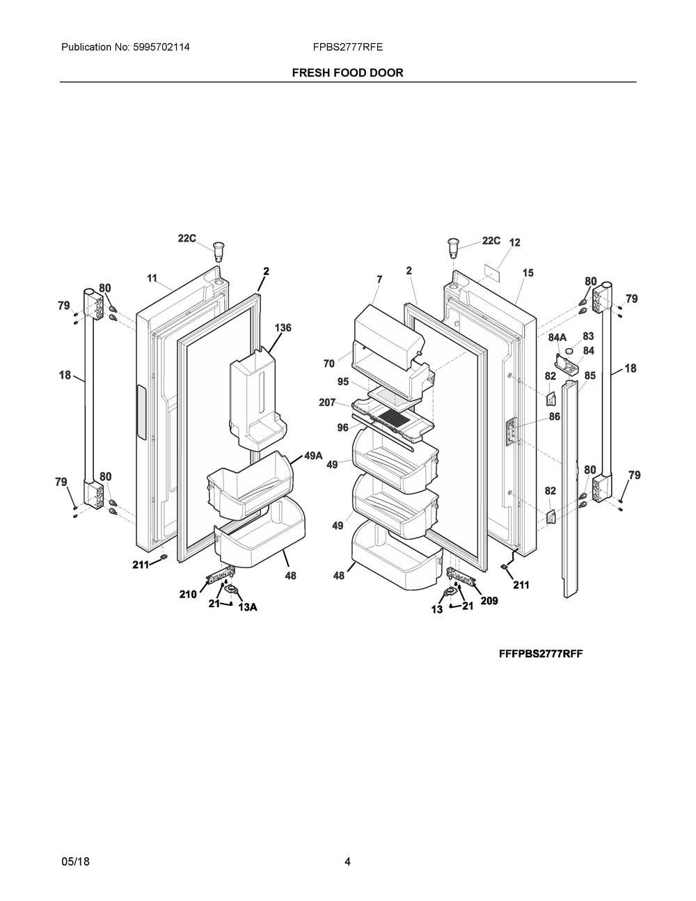 Fresh Food Door Diagram and Parts List for FPBS2777RFE  Frigidaire Refrigerator
