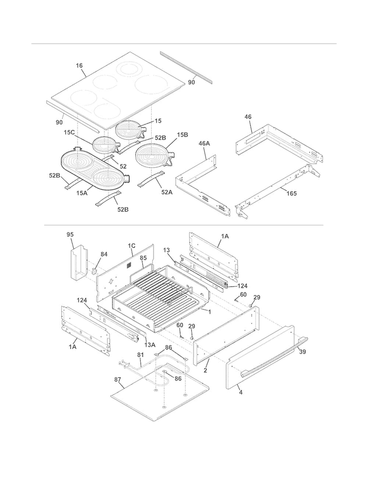 Top/drawer Diagram and Parts List for FPES3085KFF  Frigidaire Range