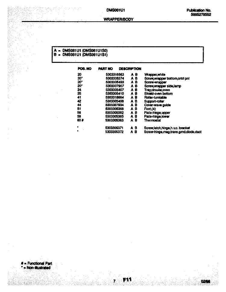 WRAPPER Diagram and Parts List for DMS081U1S0  Frigidaire Microwave