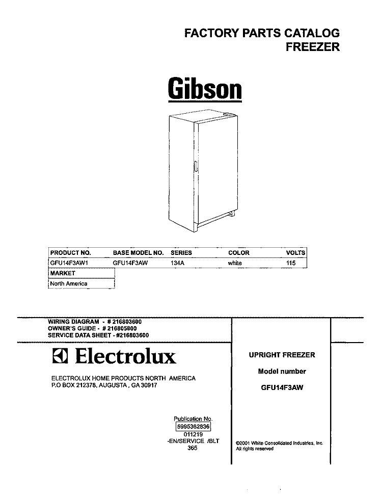 COVER Diagram and Parts List for GFU14F3AW1  Gibson Freezer